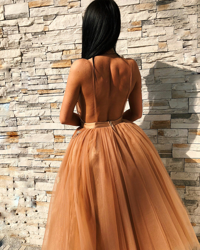V Neck Backless Floral Champagne Prom Gown, Short Champagne Prom Dresses Graduation Evening Dresses