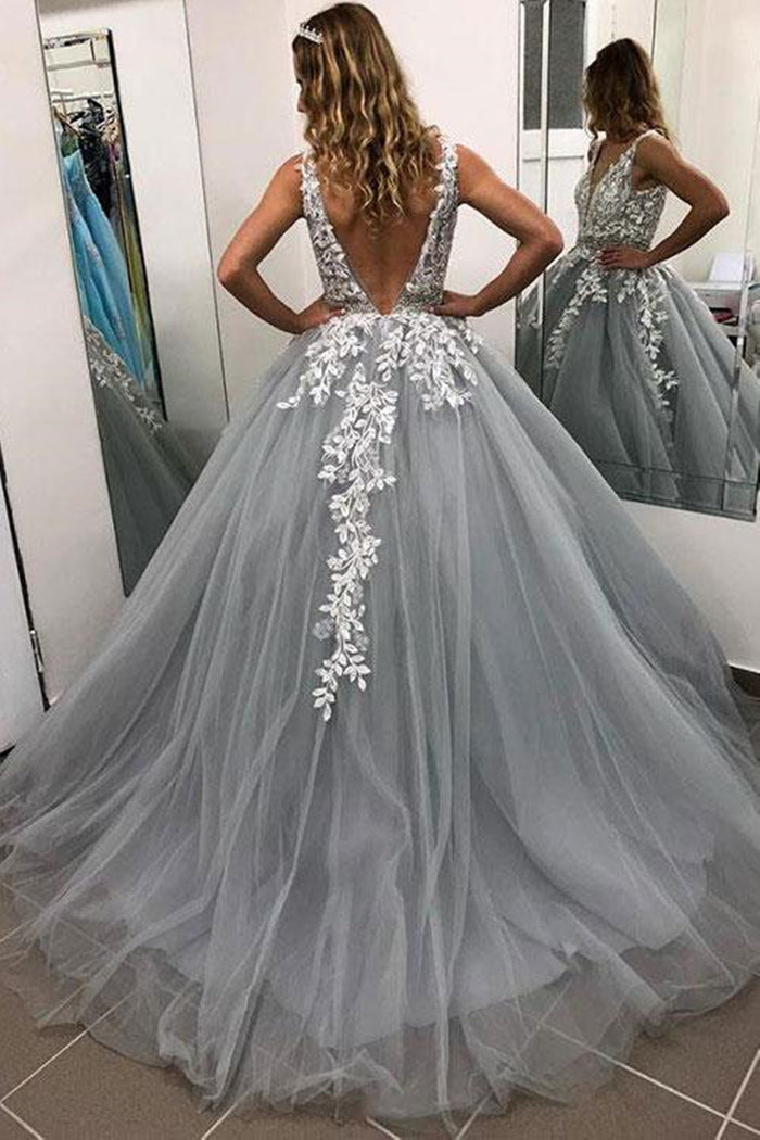 V Neck Backless Gray Lace Prom Dresses, Gray Backless Lace Formal Graduation Evening Dresses