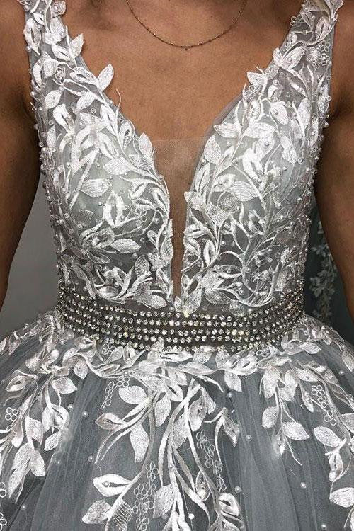 V Neck Backless Gray Lace Prom Dresses, Gray Backless Lace Formal Graduation Evening Dresses