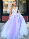 V Neck Backless Purple Lace Floral Prom Dresses Long, Purple Lace Formal Graduation Evening Formal Dresses