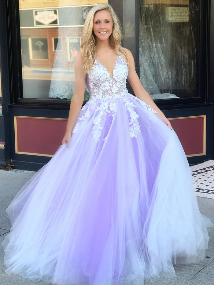V Neck Backless Purple Lace Floral Prom Dresses Long, Purple Lace Formal Graduation Evening Formal Dresses