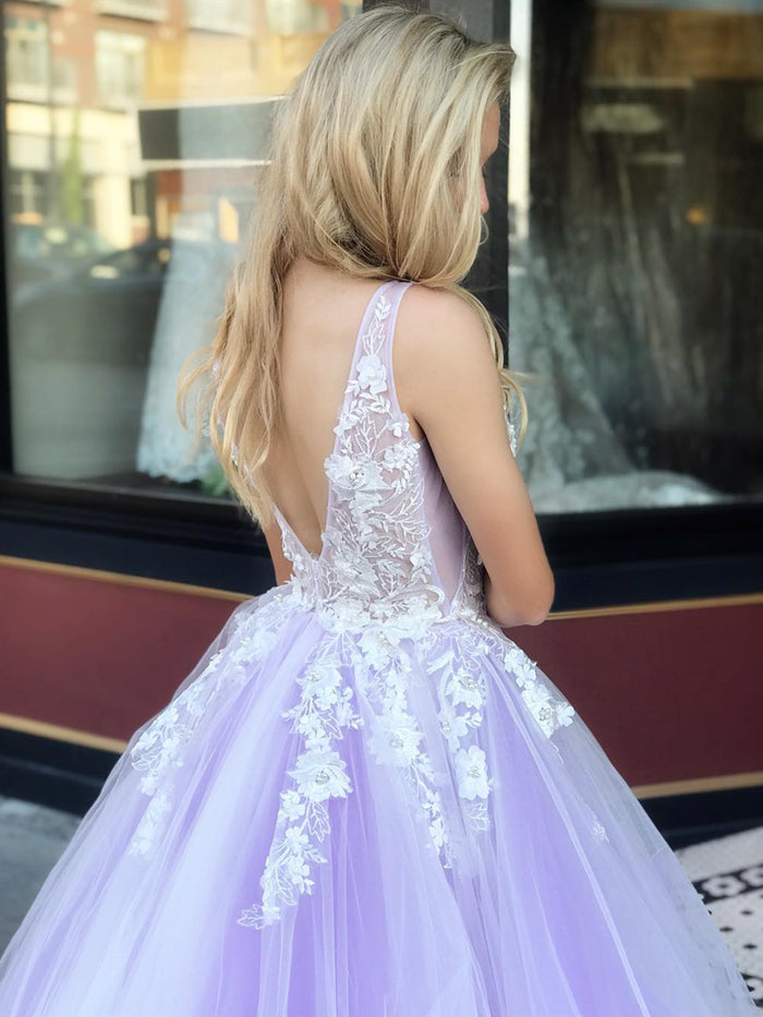 V Neck Backless Purple Lace Floral Prom Dresses Long, Purple Lace Formal Graduation Evening Formal Dresses