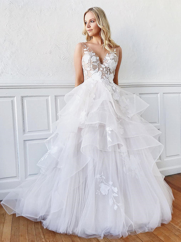 V Neck White Floral Lace Wedding Dresses, White V Neck Floral Lace Prom Dresses, Wedding Gowns