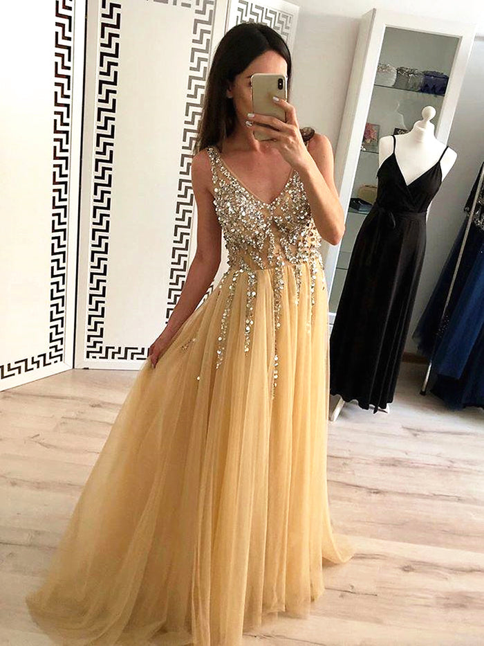 V Neck Backless Yellow Prom Dresses, V Neck Yellow Backless Formal Graduation Evening Dresses