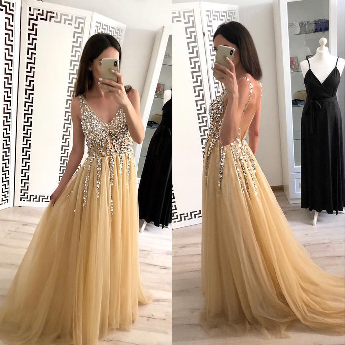 V Neck Backless Yellow Prom Dresses, V Neck Yellow Backless Formal Graduation Evening Dresses