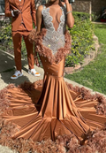 V-Neck Beaded Feathered Pleated Mermaid Prom Dress for Black Girls