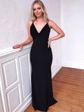 V Neck Black Backless Mermaid Floor Length Prom Dresses, Black Backless Mermaid Formal Graduation Evening Dresses