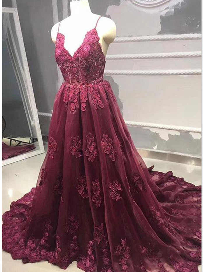 V Neck Burgundy Backless Lace Prom Dresses, Burgundy Backless Lace Evening Dresses