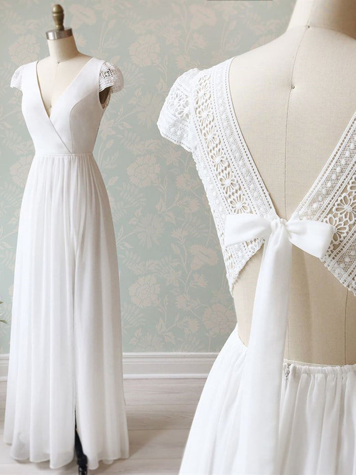 V Neck Cap Sleeves White Long Lace Prom Dresses, Cap Sleeves White Lace Wedding Formal Evening Dresses