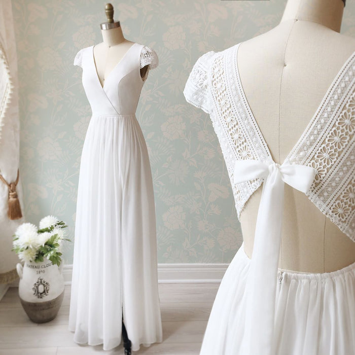 V Neck Cap Sleeves White Long Lace Prom Dresses, Cap Sleeves White Lace Wedding Formal Evening Dresses