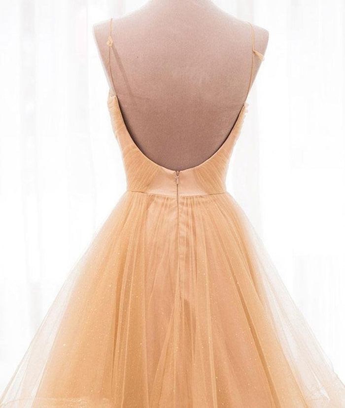 V Neck Champagne Backless Wedding Dresses, Champagne Backless Prom Dresses, Formal Dresses