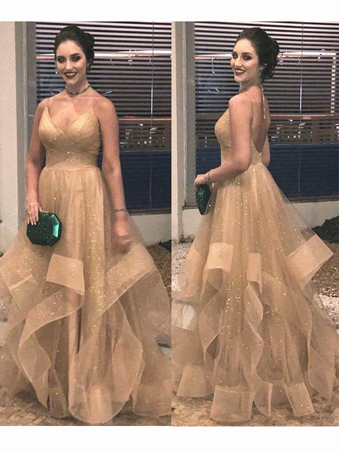 V Neck Champagne Lace Prom Dress Gown, Champagne V Neck Lace Formal Graduation Evening Dresses