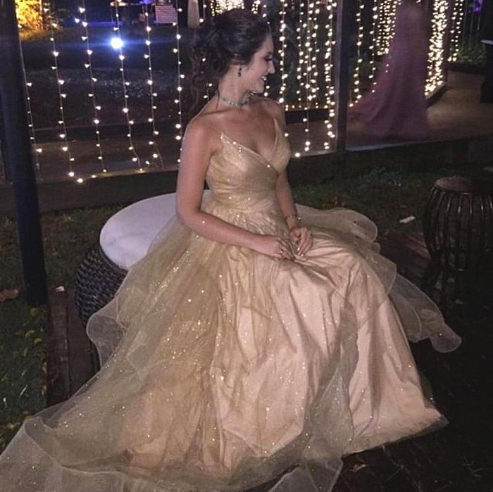 V Neck Champagne Lace Prom Dress Gown, Champagne V Neck Lace Formal Graduation Evening Dresses