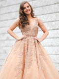 V Neck Champagne Lace Prom Dresses, V Neck Champagne Lace Formal Evening Graduation Dresses