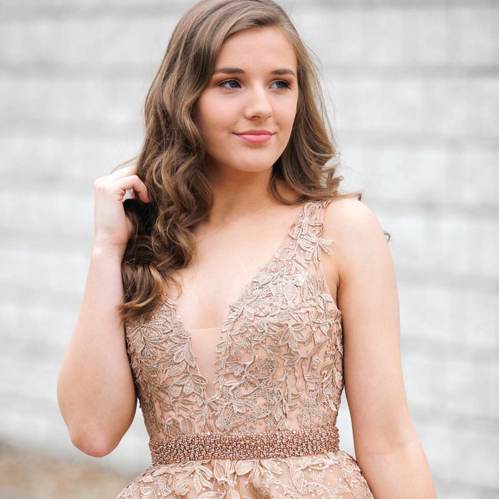 V Neck Champagne Lace Prom Dresses, V Neck Champagne Lace Formal Evening Graduation Dresses