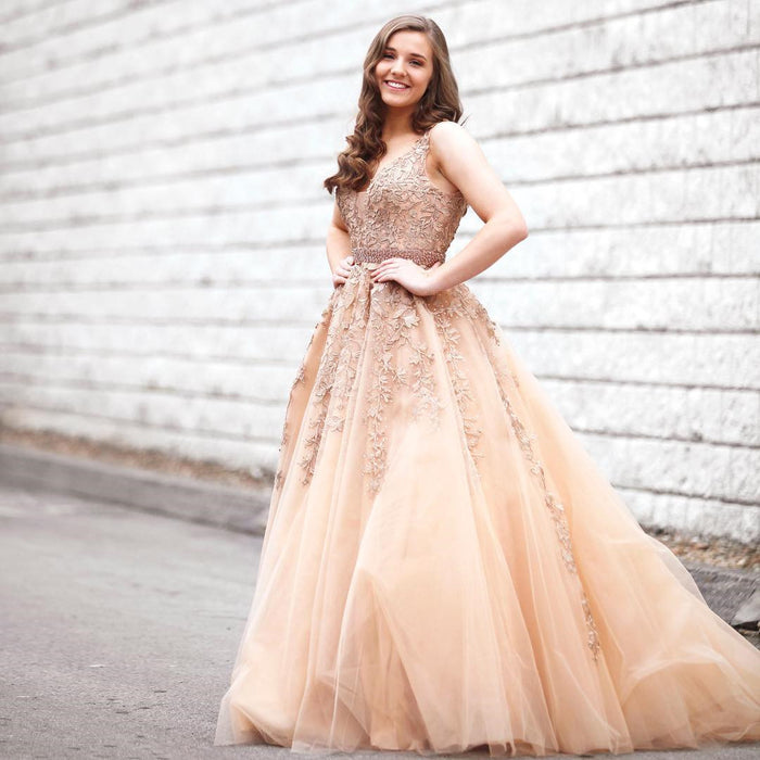 V Neck Champagne Lace Prom Dresses, V Neck Champagne Lace Formal Evening Graduation Dresses