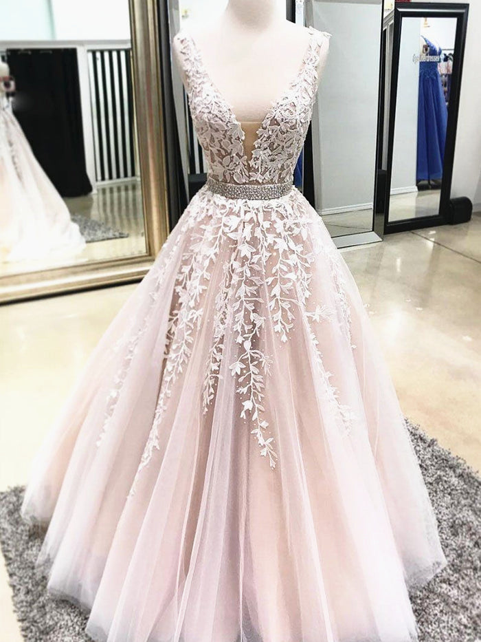 V Neck Champagne Lace Wedding Dresses, V Neck Champagne Lace Prom Formal Dresses Long