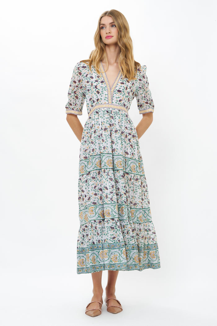 V-Neck Cuffed Maxi- Cotswold Green