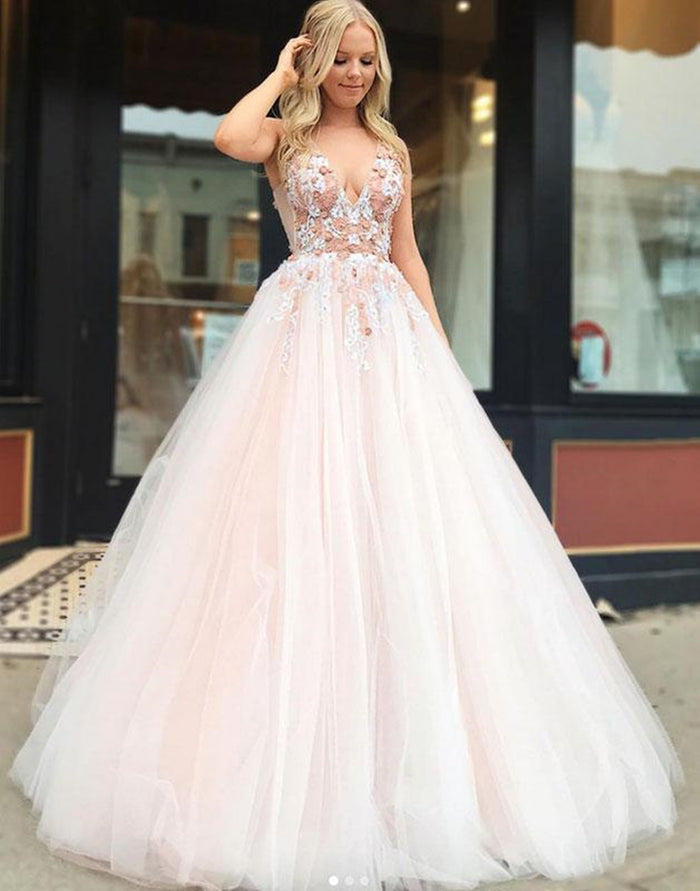 V Neck Floral Champagne Tulle Prom Dresses with Beadings, Champagne Floral Tulle Prom Dresses with Beadings