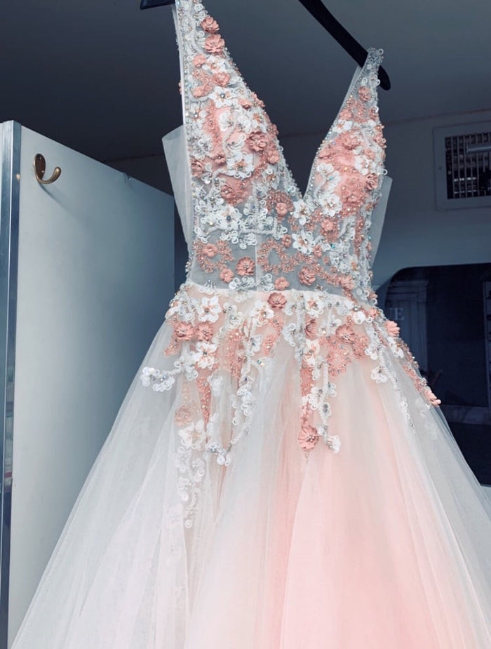 V Neck Floral Champagne Tulle Prom Dresses with Beadings, Champagne Floral Tulle Prom Dresses with Beadings