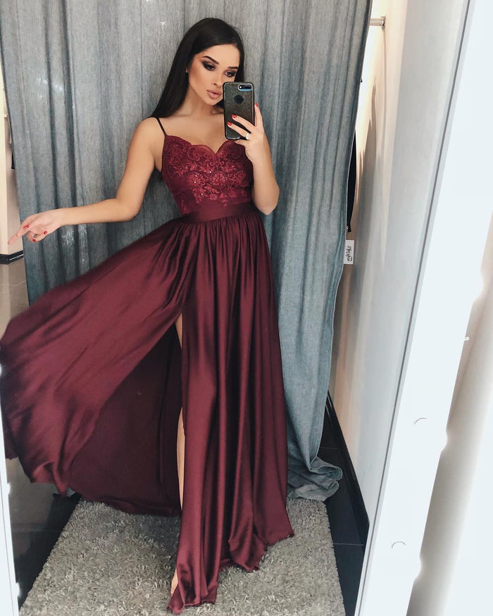 V Neck Gray/Red/Burgundy Long Lace Prom Dresses, Long Lace Formal Graduation Evening Dresses