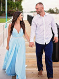 V Neck Light Blue Backless Prom Dresses, Light Blue Long Formal Bridesmaid Evening Dresses