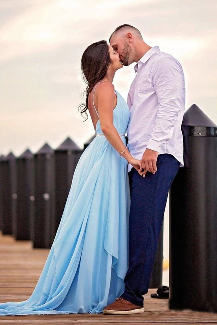 V Neck Light Blue Backless Prom Dresses, Light Blue Long Formal Bridesmaid Evening Dresses