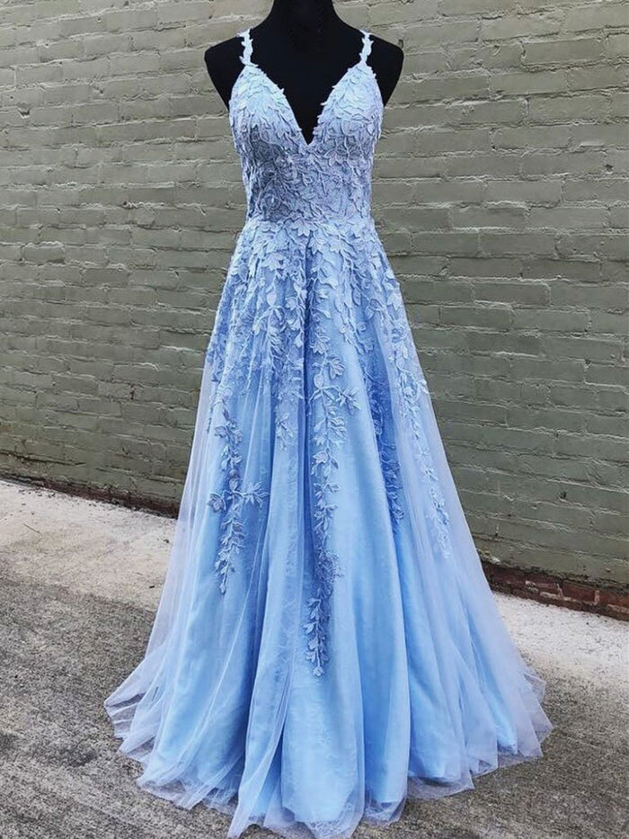 V Neck Long Blue Lace Prom Dresses, Blue Long Lace Formal Evening Bridesmaid Dresses