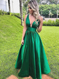V Neck Long Green Prom Dresses, V Neck Green Formal Homecomig Dresses