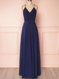 V Neck Navy Blue Backless Prom Dresses Long, Navy Blue Backless Bridesmaid Formal Evening Dresses