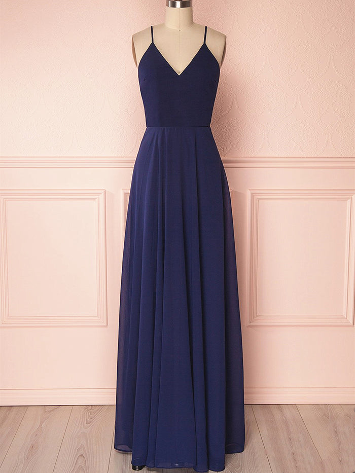 V Neck Navy Blue Backless Prom Dresses Long, Navy Blue Backless Bridesmaid Formal Evening Dresses
