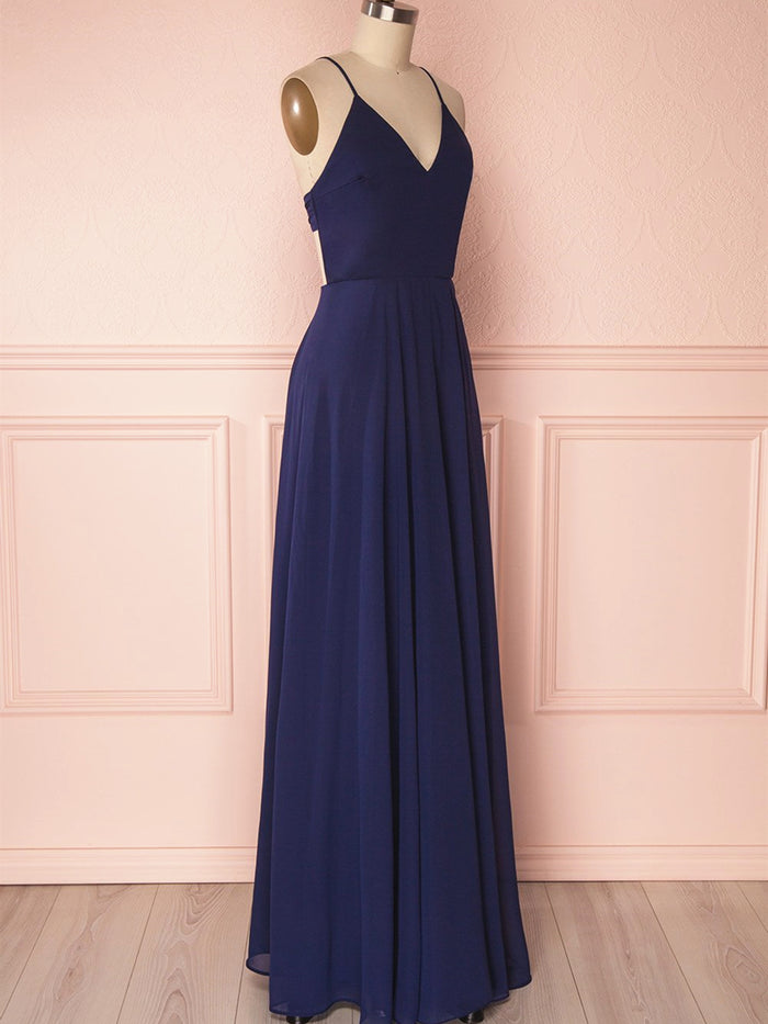 V Neck Navy Blue Backless Prom Dresses Long, Navy Blue Backless Bridesmaid Formal Evening Dresses