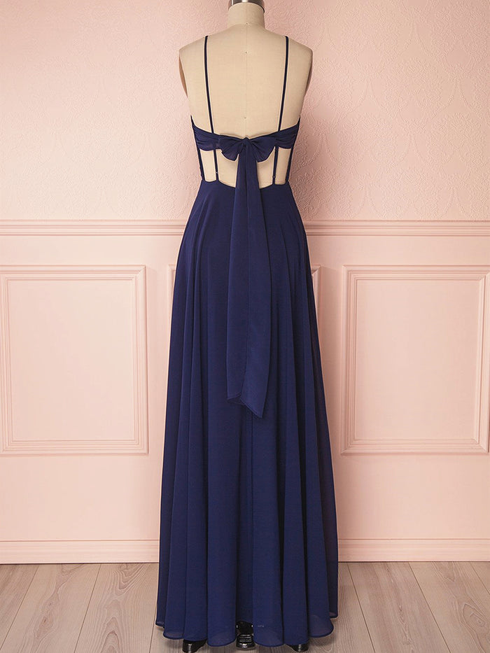 V Neck Navy Blue Backless Prom Dresses Long, Navy Blue Backless Bridesmaid Formal Evening Dresses