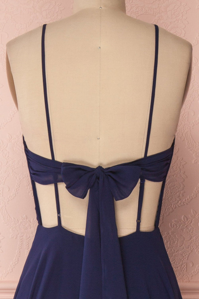 V Neck Navy Blue Backless Prom Dresses Long, Navy Blue Backless Bridesmaid Formal Evening Dresses