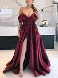 V Neck Off Shoulder Burgundy Long Prom Dress with Leg Slit, Burgundy Off the Shoulder Formal Evening Dresses Long