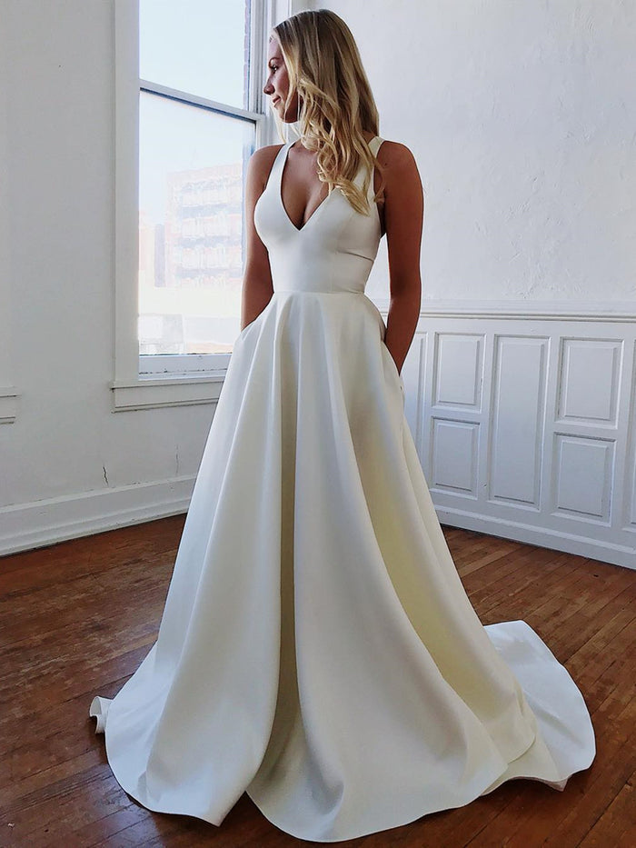 V Neck Open Back White Wedding Dresses, Wedding Gowns, White V Neck Prom Dresses Long