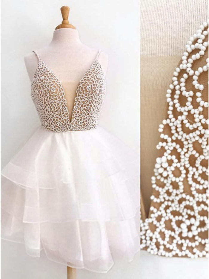 V Neck Short Beaded Ivory Prom Dresses, Short Beaded V Neck Homecoming Formal Dresses