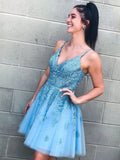 V Neck Short Blue Lace Prom Dresses, Short V Neck Blue Lace Formal Homecoming Dresses