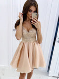 V Neck Short Champagne Lace Prom Dresses, Short V Neck Champagne Lace Formal Homecoming Dresses