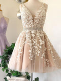 V Neck Short Champagne Lace Prom Dresses, Short V Neck Champagne Lace Graduation Homecoming Formal Dressses