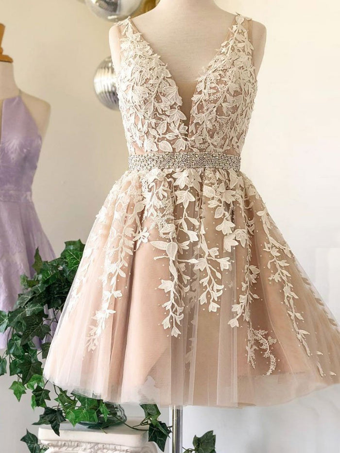 V Neck Short Champagne Lace Prom Dresses, Short V Neck Champagne Lace Graduation Homecoming Formal Dressses