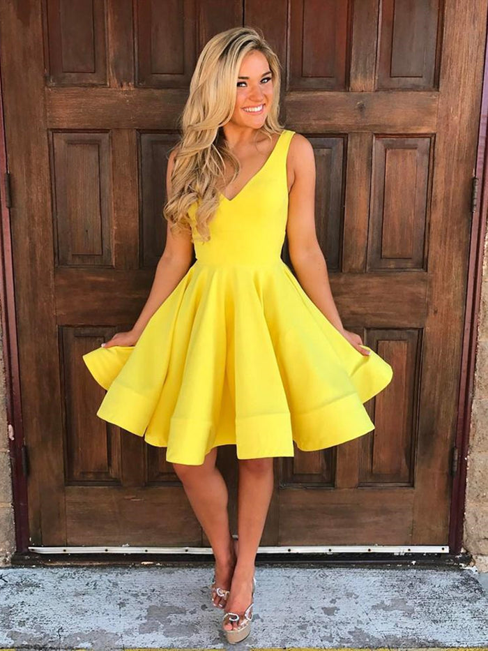 V Neck Short Yellow Prom Dresses, Short V Neck Yellow Graduation Formal Homecoming Dresses