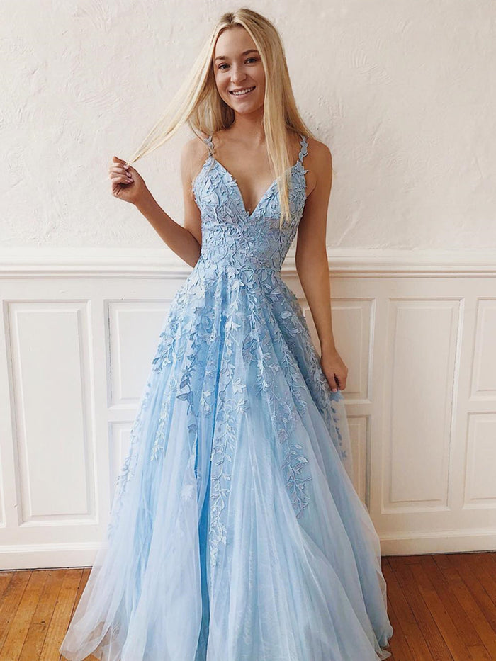 V Neck Sky Blue Lace Prom Dresses Long, Blue Long Lace Bridesmaid Dresses, Formal Evening Dresses
