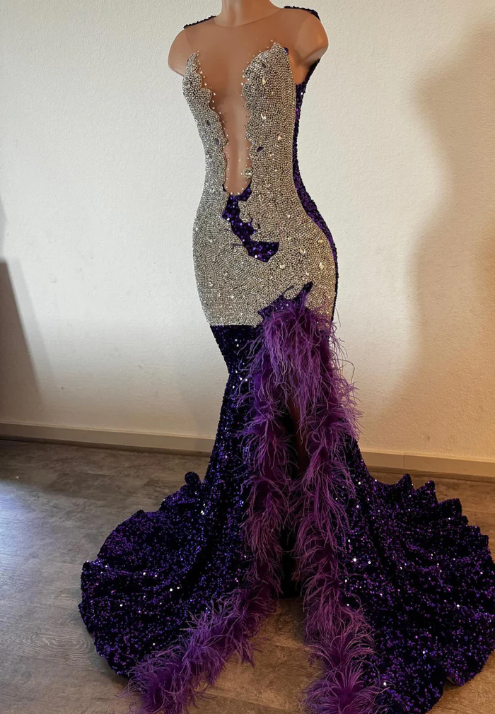 V-Neck Sleeveless Beaded Feathered Sequins Mermaid Prom Dress for Black Girls