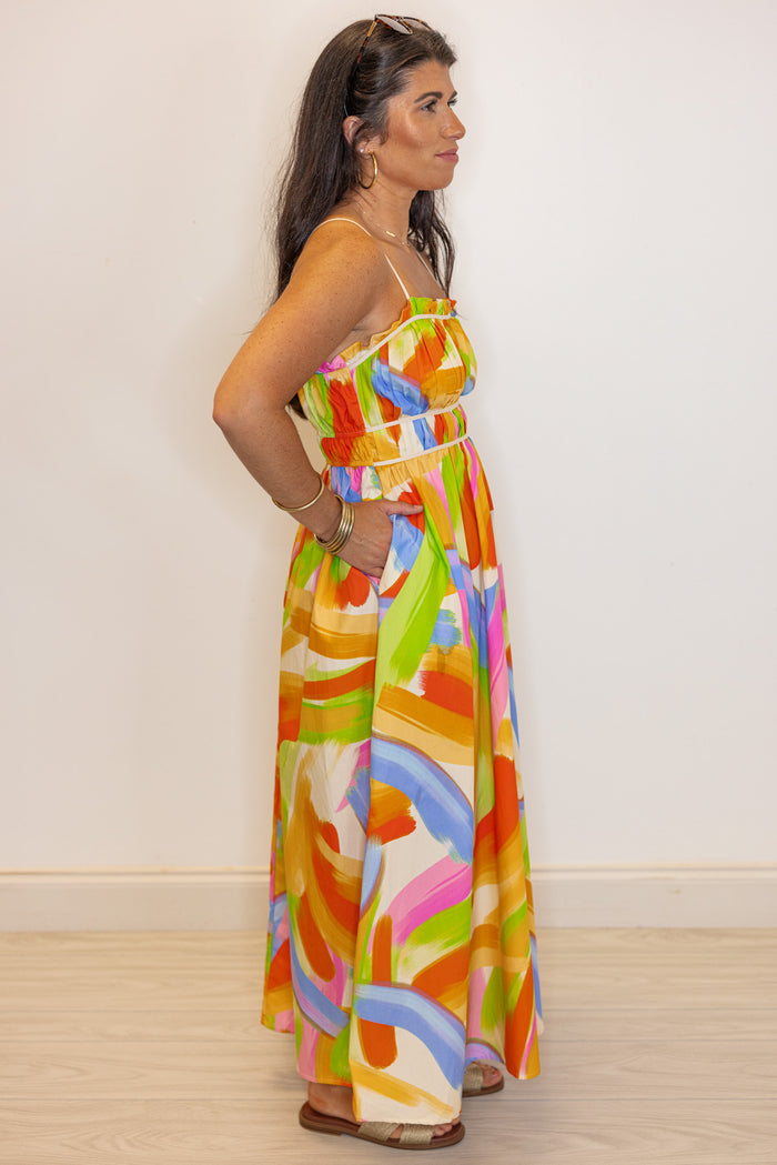 colorful brushstroke cotton maxi dress