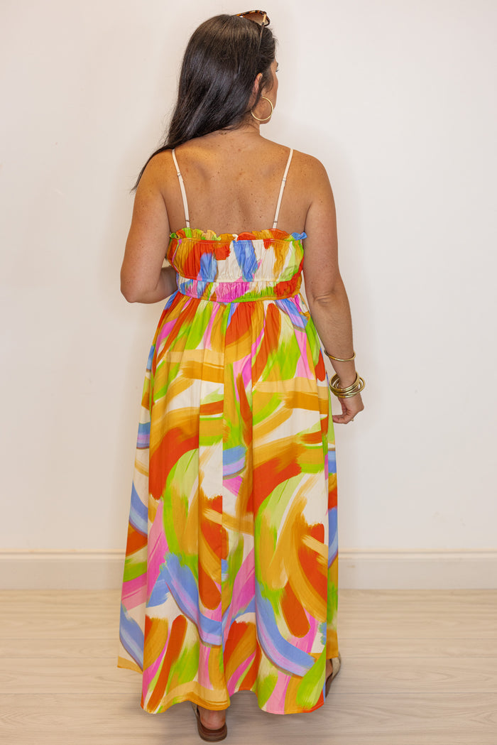 colorful brushstroke cotton maxi dress