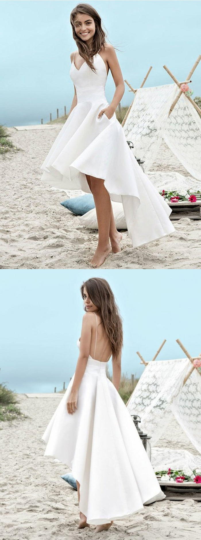 White A Line High Low Backless Wedding Dresses, High Low Wedding Dresses. Backless Prom Dresses