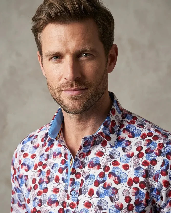 White Blue Leaf Print Shirt with Matching Handkerchief