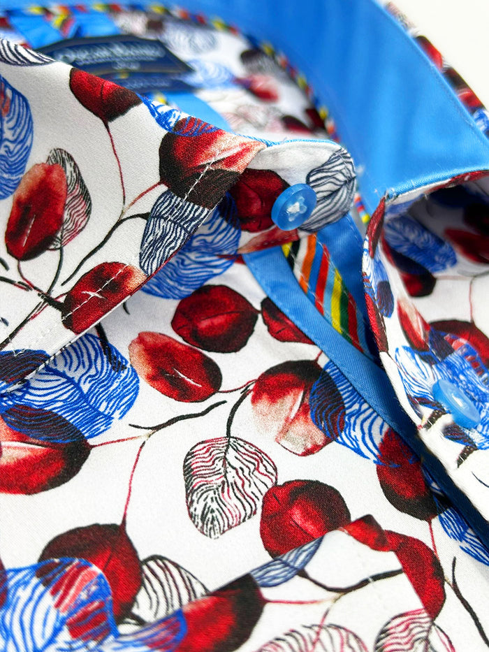 White Blue Leaf Print Shirt with Matching Handkerchief-Makrom