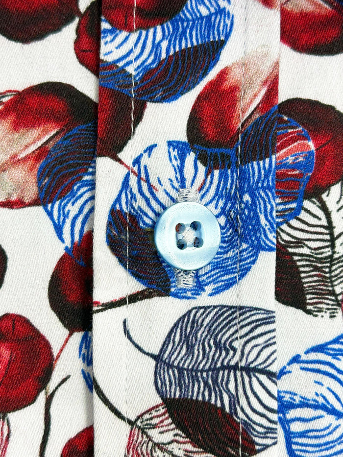 White Blue Leaf Print Shirt with Matching Handkerchief-Makrom